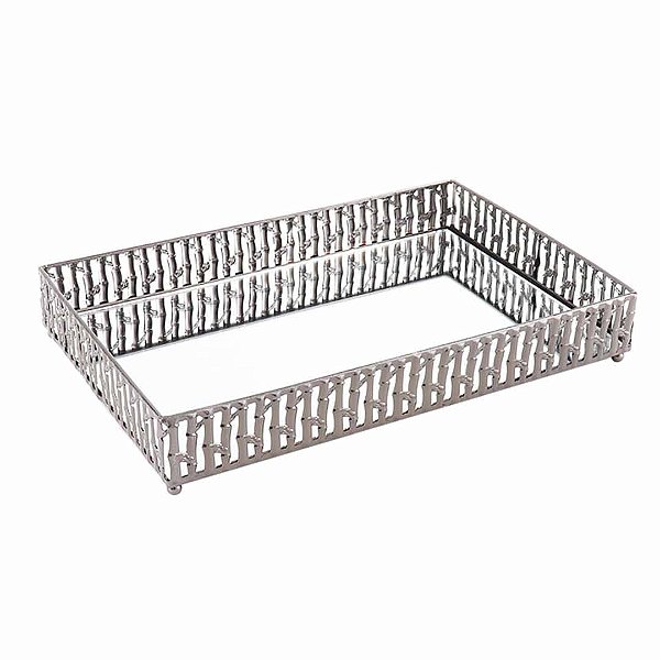 Bandeja Espelhada em Vidro e Metal Prata Escura 20x30cm