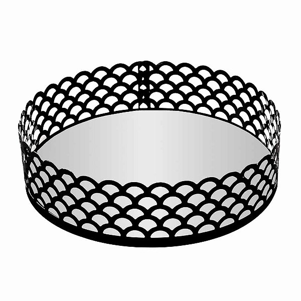 Bandeja Redonda Preta de Metal com Espelho