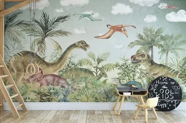 Papel de parede infantil Dinossauros verde