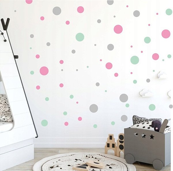 Adesivos de Parede Decorativo Bolinhas Coloridas Rosa - Cinza - Verde 100 unidades
