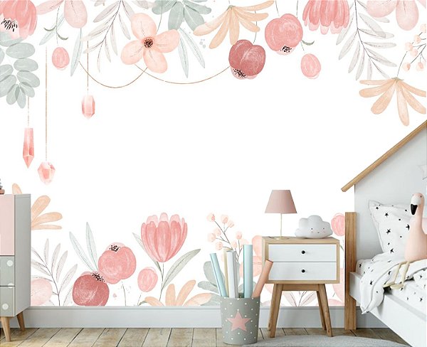 Papel Parede Adesivo Infantil Floral Aquarela Rosa M²