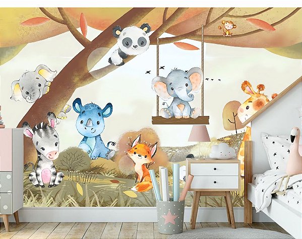 Papel de Parede Adesivo Safari Zoo Baby colors aquarela M²