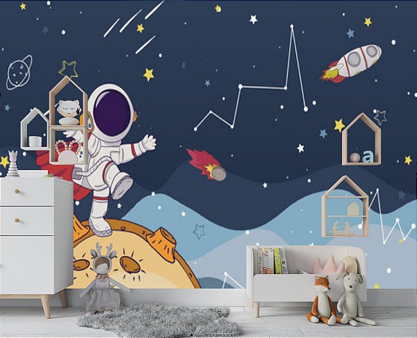 Papel Parede Adesivo Infantil Astronauta Espaço Lua Baby M²