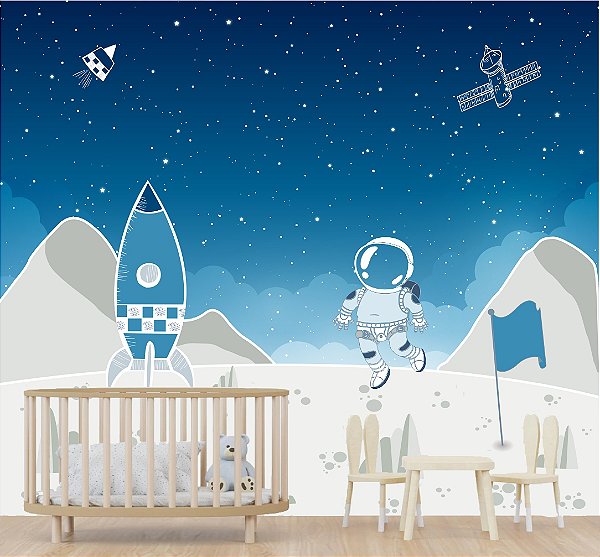 Papel Parede Adesivo Infantil Astronauta Espaço Lua color Baby M²