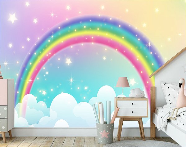 Papel de Parede Auto Adesivo Arco Íris Estrelas Nuvens M²