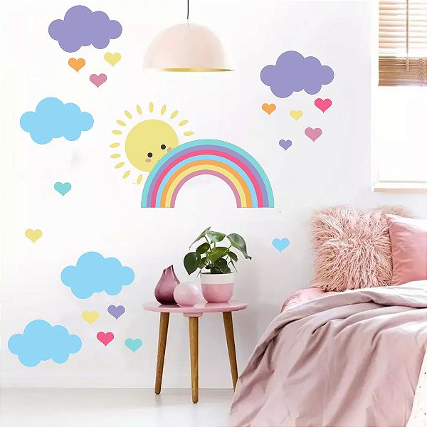 Adesivo de Parede Arco Iris Sol e Nuvens Amor Infantil Baby