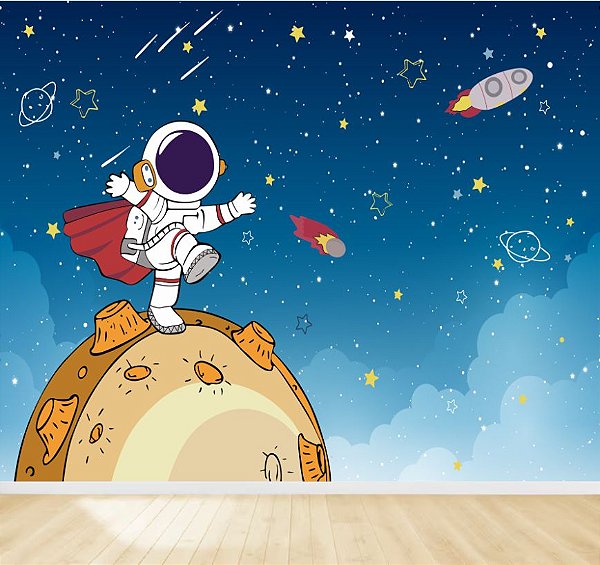 Papel de Parede Adesivo Infantil Astronauta Espaço Estrelado M²