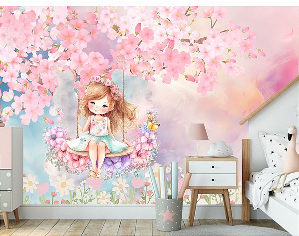 Papel de parede adesivo Menina no Balanço Floral Aquarela M²