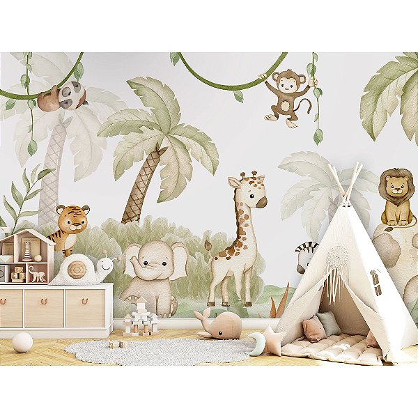 Papel de Parede Adesivo Safari Baby Aquarela M²