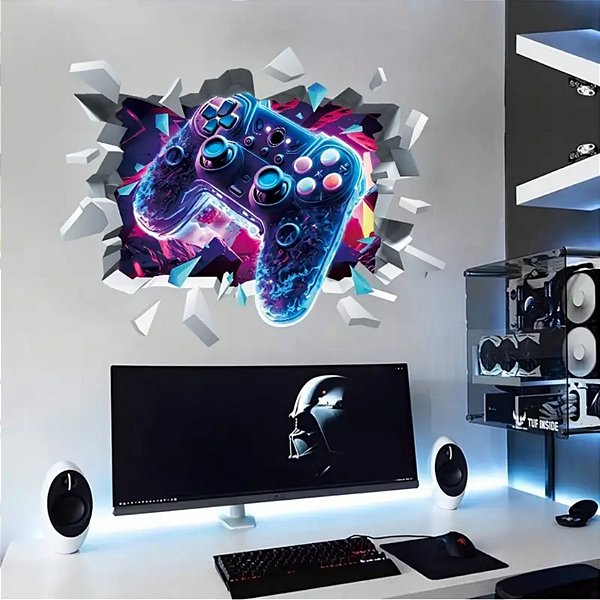 Adesivo De Parede Gamer Controle Buraco 3d Infantil 100x70cm