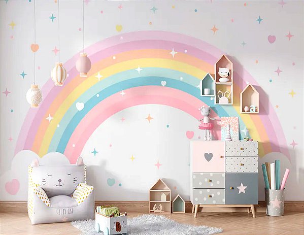 Papel de parede adesivo Arco Iris Nuvens estrelas e corações