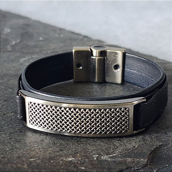 Pulseira Grid Masculina em Couro Preto