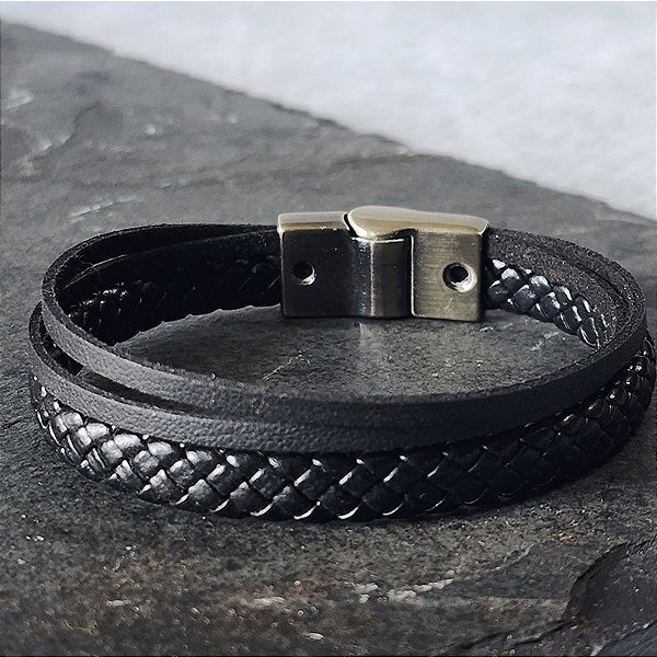 Pulseira Porto em Couro Preto Masculina