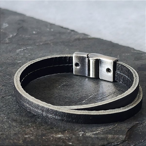 Pulseira Loop de Couro Preto com Fecho Prata