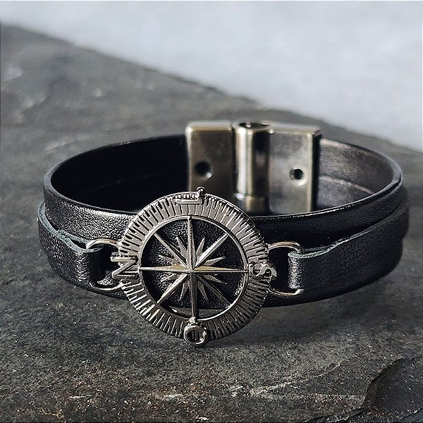 Pulseira Travel ( Rosa dos Ventos e couro preto )