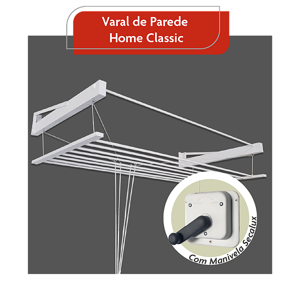 Varal De Parede Sobe E Desce com Manivela Classico 80 Cm Aluminio