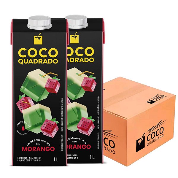 Água de Coco - Coco Quadrado 1L Sabor Morango (Caixa com 12 unidades)