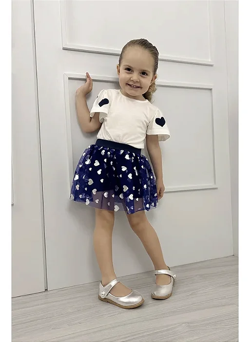 Conjunto Infantil Marinho Coração com Tule Prata Foil