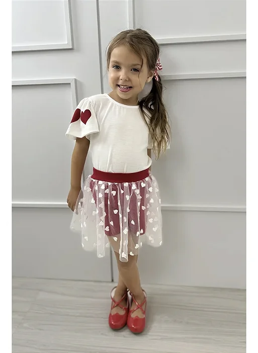 Conjunto Infantil Vermelho Tule Coração