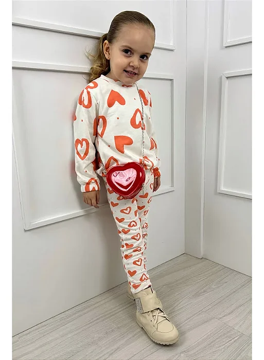 Conjunto Infantil Off Moletom Térmico Calça Ribana Canelada Corações