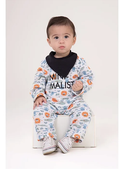 Macaquinho Bebê Branco Safari com Babador