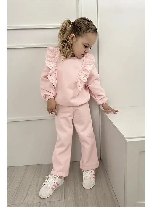 Conjunto Infantil Moletom Térmico Babado em Renda Rosa