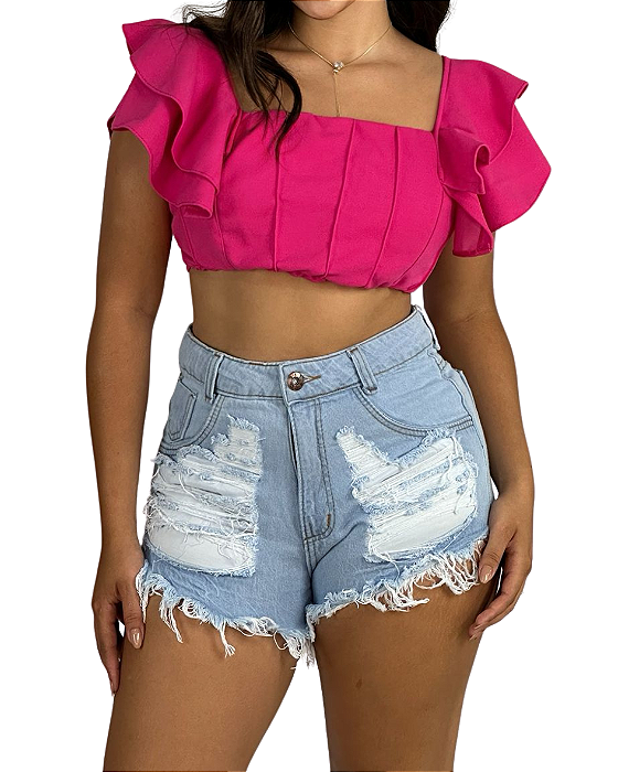 Short Jeans Destroyed Tradicional Lavagem Clara Barra Desfiada