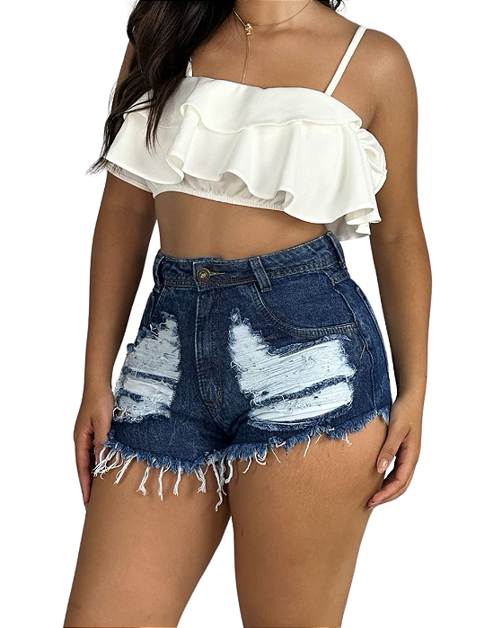 Short Jeans Feminino Destroyed Lavagem Azul Escura E Barra Desfiada