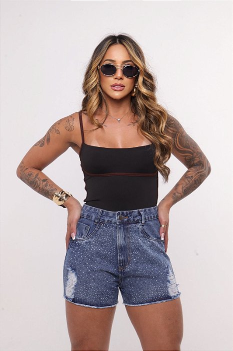 Short Jeans Feminino Destroyed Cintura Alta Marmorizado Com Strass E Barrinha Costurada | 100% Algodão Sem Elastano