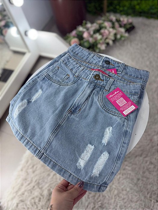 Saia Jeans Feminina Lavagem Clara Com Barra e Detalhes Destroyeds- Sem Elastano