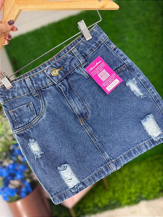 Saia Jeans Feminina Cintura Alta Com Barra Lavagem Escura e Destroyed- Sem Elastano