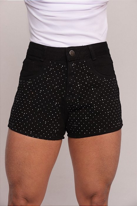Short Jeans Feminino Preto Cintura Alta Com Strass | 100% Algodão
