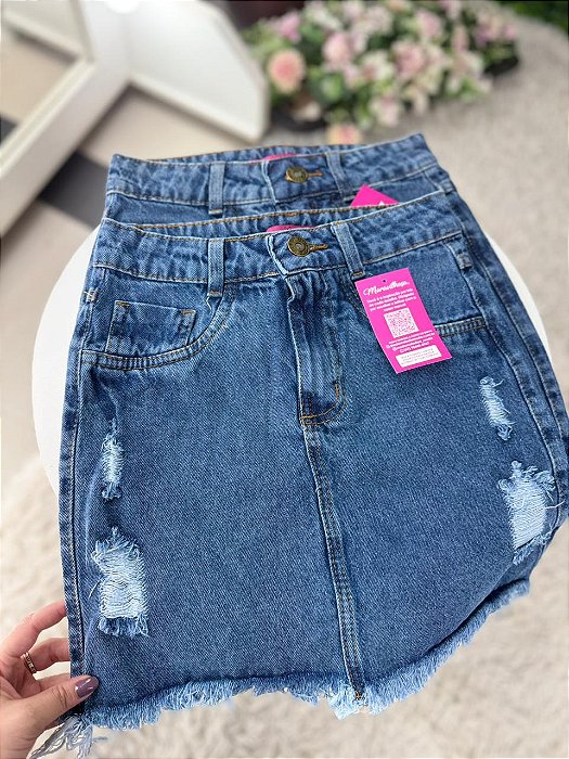 Saia Jeans Tradicional Com Barra Desfiada E Detalhes Destroyed Lavagem Marmorizada- Sem Elastano