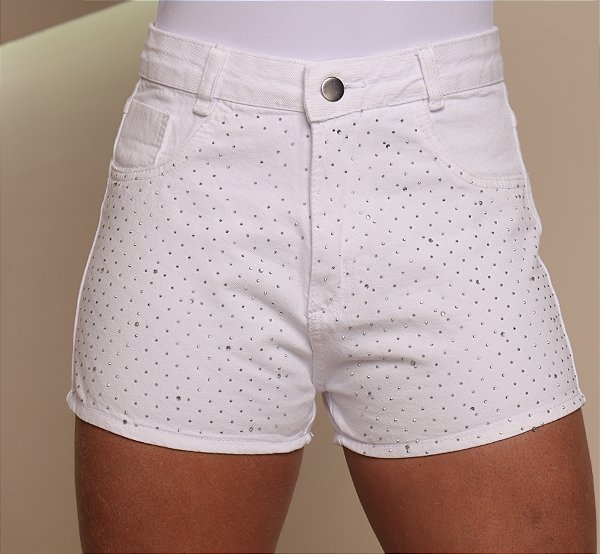 Short Jeans Branco Com LEVES DEFEITOS LD Pedrinhas De Strass