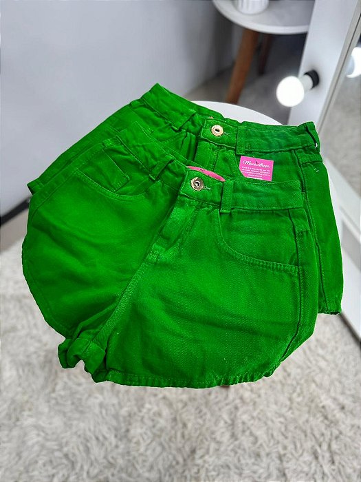 Short Jeans Feminino de Barra Cintura Alta Verde- Sem Elastano