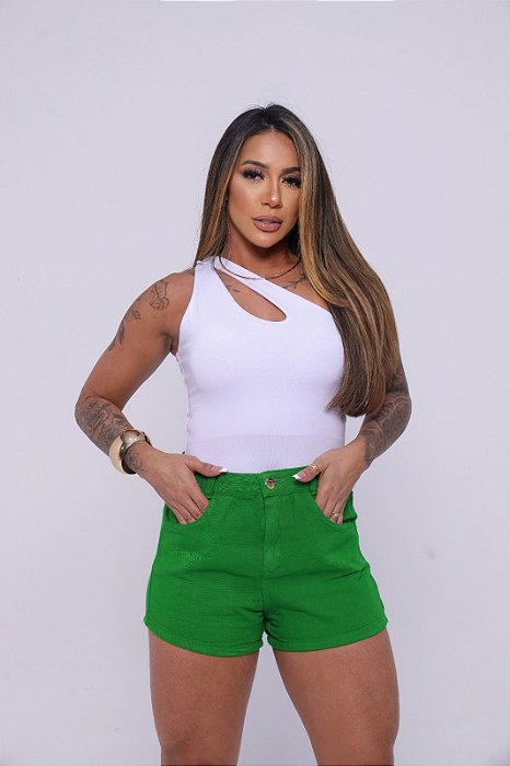 Short Jeans Feminino de Barra Cintura Alta Verde- Sem Elastano