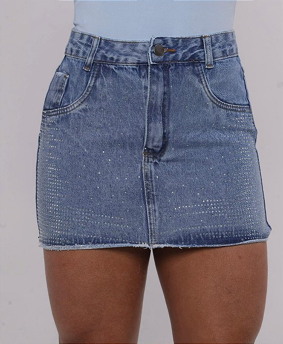 Saia Jeans Lavagem Clara Com Strass E Barrinha Costurada