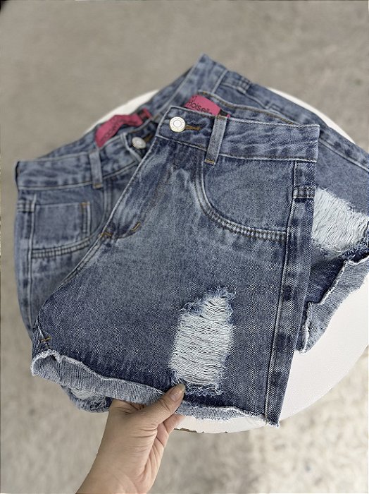 Short Jeans Feminino Marmorizado Com Destroyed Cintura Alta