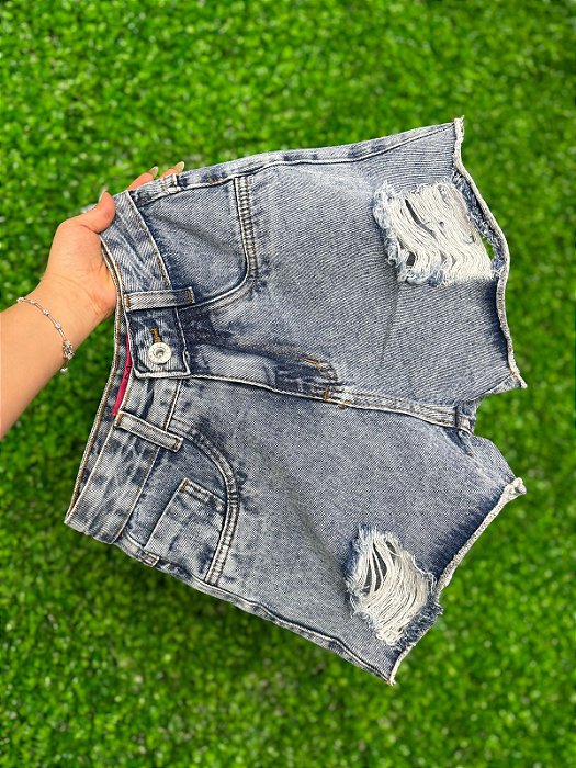 Short Jeans Feminino Marmorizado Com Destroyed Cintura Alta