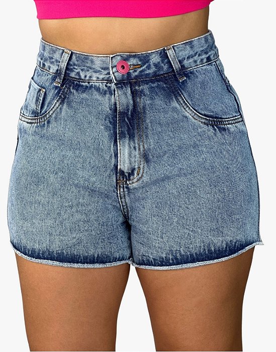 Short Jeans Tradicional Com Barrinha Costurada Marmorizada