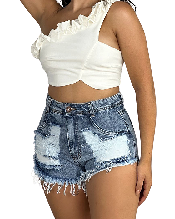 Short Jeans Destroyed Lavagem Cinza Com Barra Desfiada