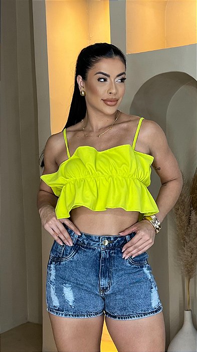 Short Jeans Feminino Cintura Alta Marmorizado Com Destroyed