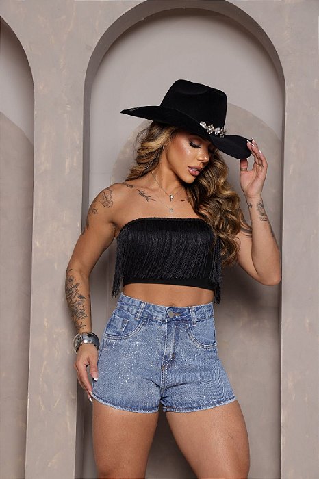 Short Jeans Feminino de Barra Marmorizado Com Detalhes de Strass- Sem Elastano