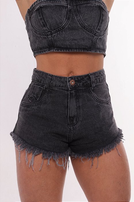 Short Jeans Feminino Cintura Alta Lavagem Estonada Com Barra Desfiada | Sem Elastano