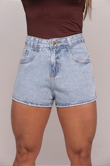 Short Jeans Cintura Alta Feminino Com Barra | Lavagem Clara | 100% Algodão | Sem Elastano
