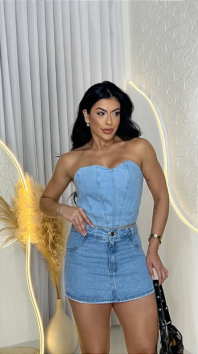 Short Saia Jeans Feminino Cintura Alta na Lavagem Clara I 100% Algodão - Sem Elastano