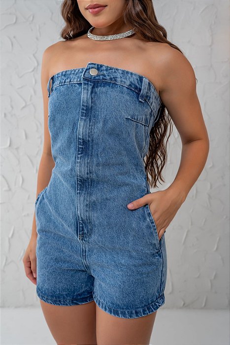 Macacão Macaquinho Jeans Curto Feminino Tomara que Caia Lavagem Marmorizada