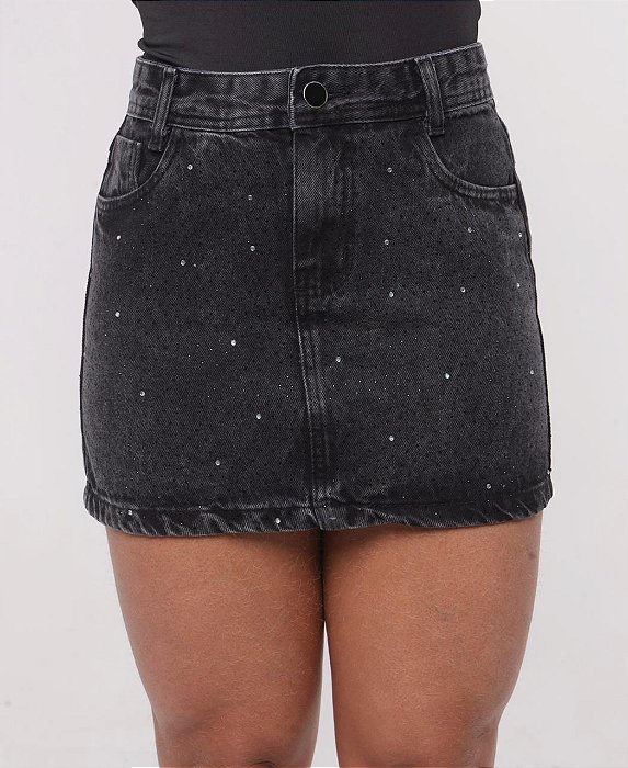 Saia Jeans Estonada Com Cristais De Strass e Brilho Preto