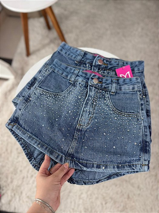 Short Saia Jeans Feminino Cintura Alta Com Strass Lavagem Marmorizada