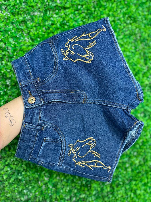 Short Jeans Feminino Cintura Alta Com Bordado De Cavalo - Pecuária